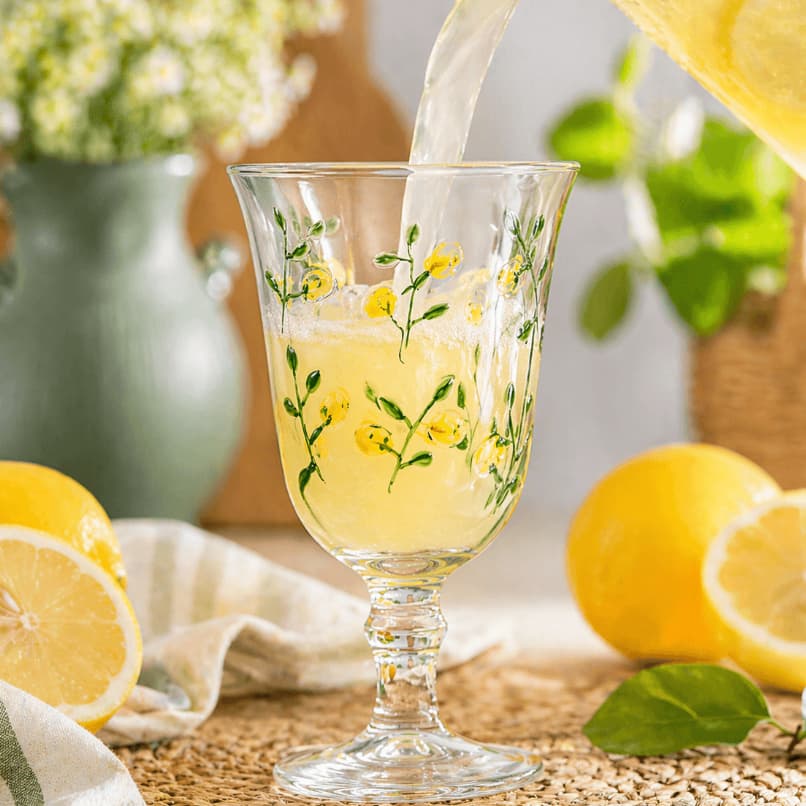 Jogo 6 Taças de Vidro 240ml Siciliano Limão Decoradas Copo Água Suco Drink Elegante Lyor