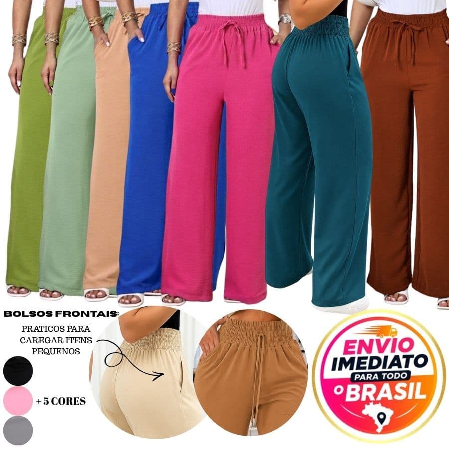 Calça Pantalona Feminina Cintura Alta Elastico Na Cintura Leve E Confortável