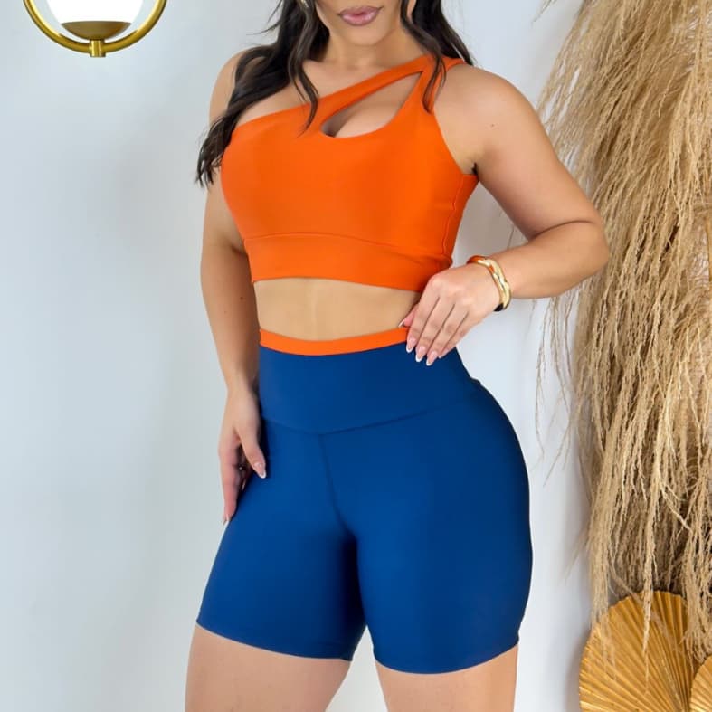 Short + Cropped Fitness Feminino com Bojo Cós Alto Suplex Premium Academia