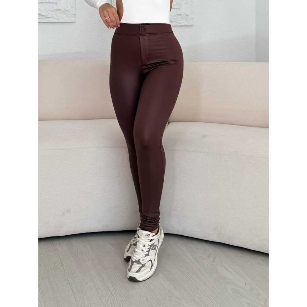 Calça Disco Feminina Preta Skinny Flanelada Cintura Alta Bolsos Laycra Roupa Cirrê Moda Outono Inverno
