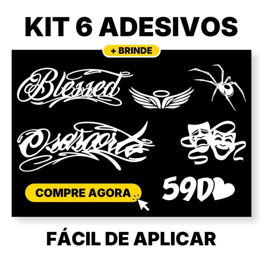 Kit com 6 Adesivos Recortados Carro Moto Blessed Aranha Máscaras Asa Branco ou Preto Fácil Aplicação