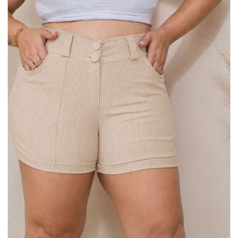 SHORT SOCIAL FEMININO PLUS SEZI COR BEGE EN TECIDO CANELADO MACIO COM MUITO ELASTANO