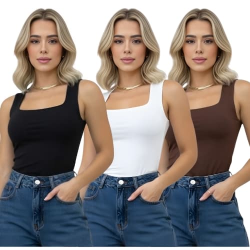 Kit 3 Blusa Regata Decote Quadrado Reto Suplex Lisa Blogueira