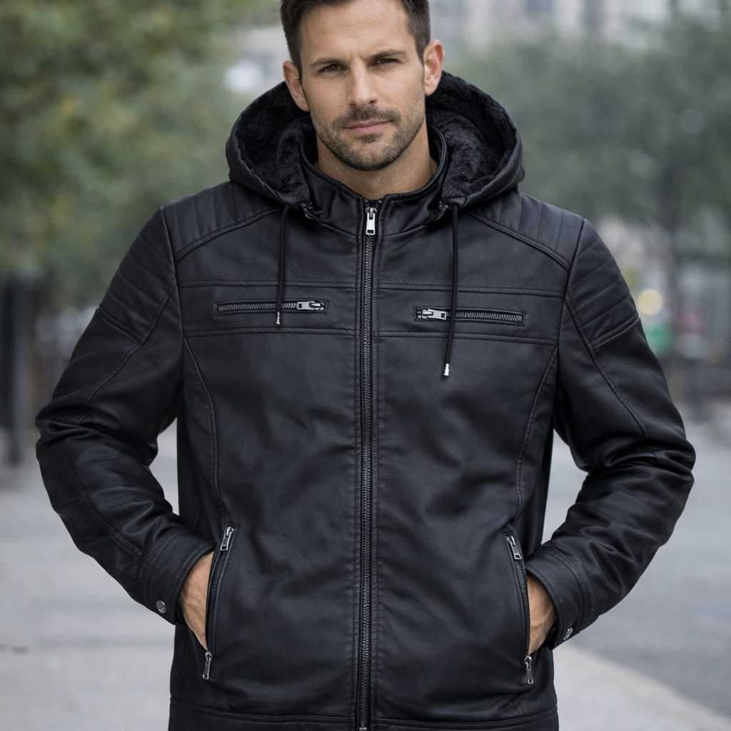 Jaqueta Masculina em Couro Sintético com Capuz – Estilo e Proteção