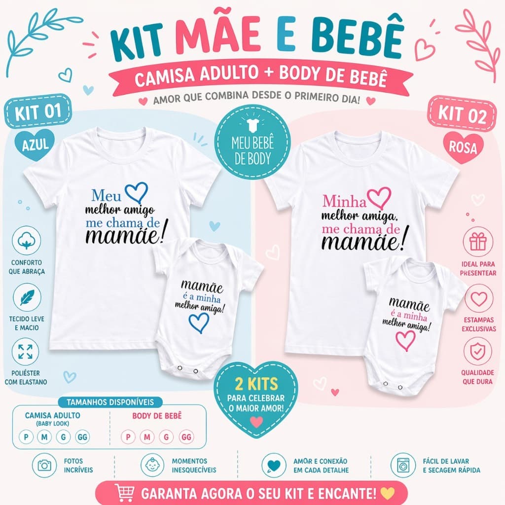 Kit Mãe e Filho(a) Camisa + Body Frase Mamãe é Minha Melhor Amiga – Presente Criativo