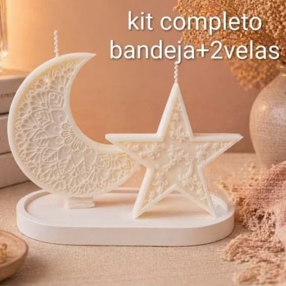 Velas Lua e Estrela com Bandeja Porta-velas| Vela Aromática| Linha Luxo Minimalista