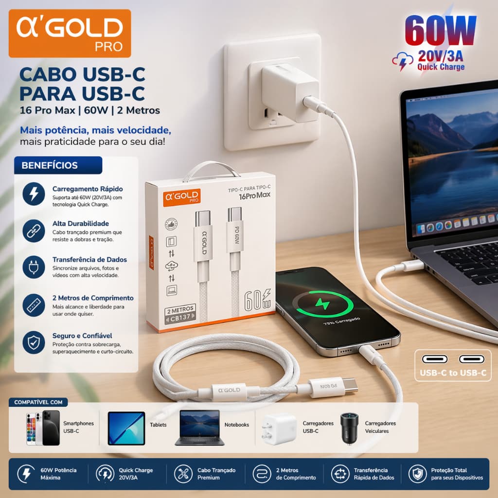 Cabo Tipo C- Tipo C Turbo 60W Carregamento super rápido original A’Gold Cabo PD Tipo c
