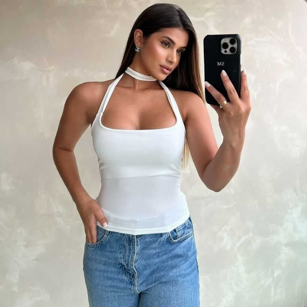 Blusa Feminina de Alcinha com Amarração Cropped Versátil Top Halter Suplex Verão com Forro
