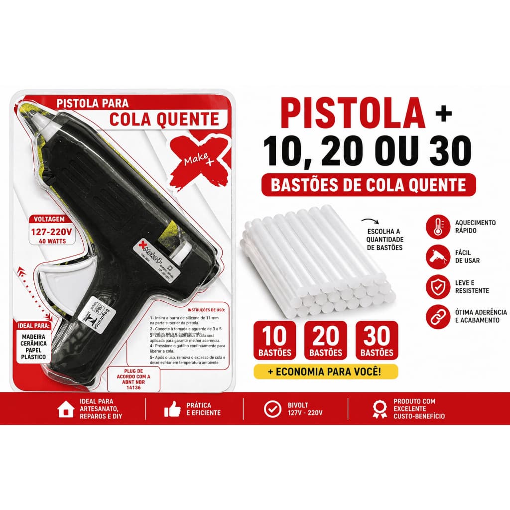 🔥 Pistola Cola Quente Grande Profissional Make+ 40W Bivolt + 10/20/30 Bastões de Cola Quente 🔥