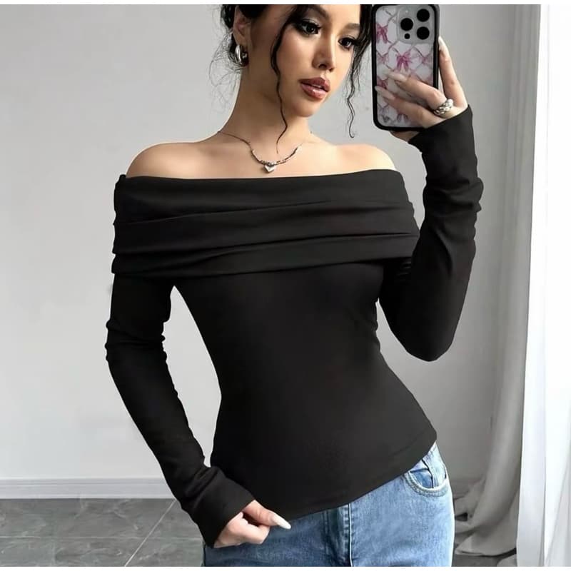 Blusa Ombro a Ombro Manga Longa Canelado Premium Feminina | Elegante Moda Inverno