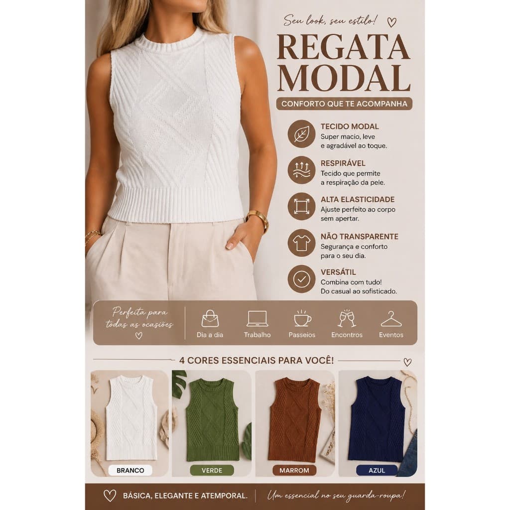 Regata Modal Feminina Básica Premium Confortável Kit Peças 4 Cores Promoção