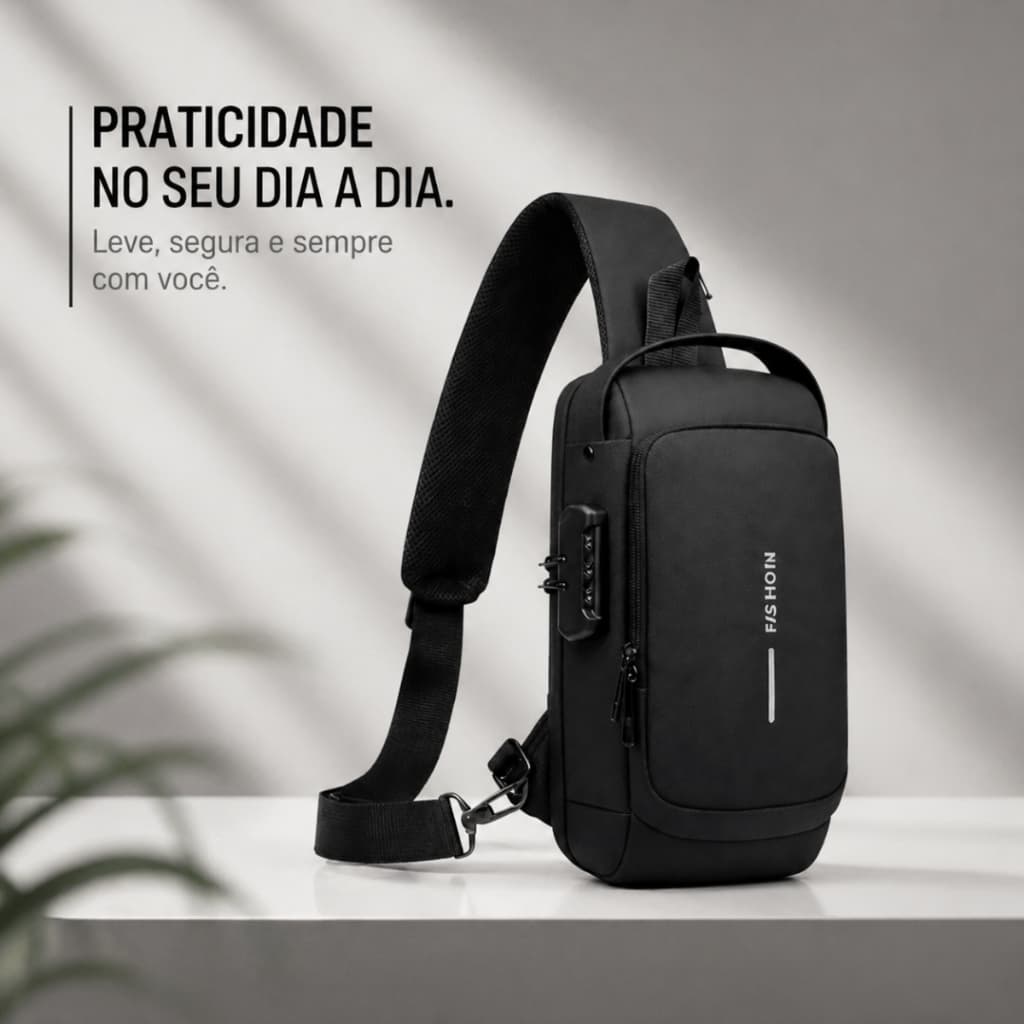 Shoulder Bag Transversal Masculina  Antifurto USB Impermeável Viagem Trabalho Tira Colo Pochete