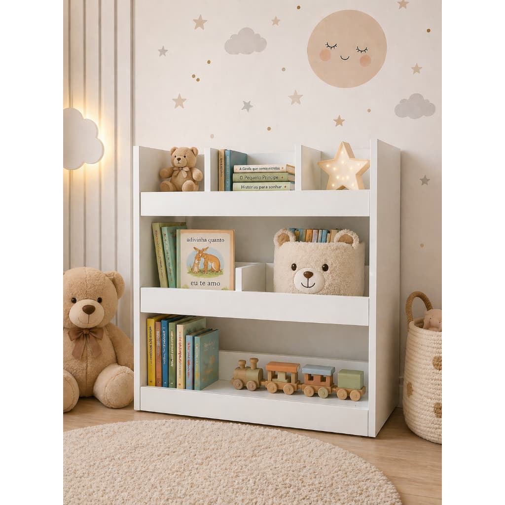 Baú de Brinquedos em MDF Branco – Organizador Infantil com Prateleiras e Divisórias