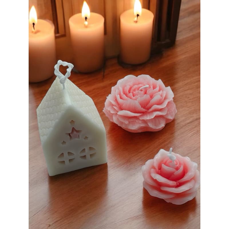 Kit Vela Casinha + Velas Flor | Presente Delicado com Bolsa Transparente | Vela Artesanal Decorativa