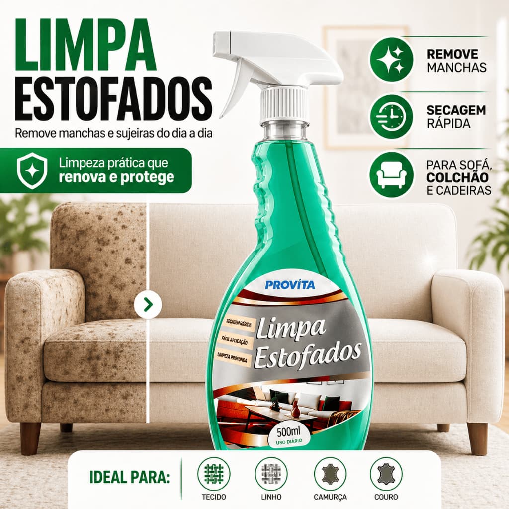 Limpa Estofados 500ml Provita Espuma Seco Sofá Colchão Carro Tecido Remove Manchas Higienico