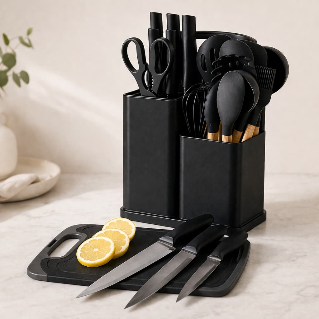 Kit Utensílios Cozinha Completo 19 Peças Cabo Madeira com Facas Tábua e Suporte