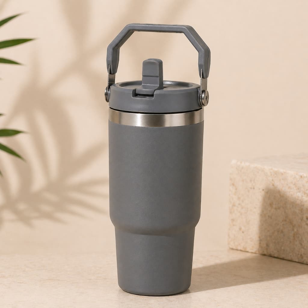Garrafa Térmica Inox 900ml com Canudo – Antivazamento e Portátil - Cinza