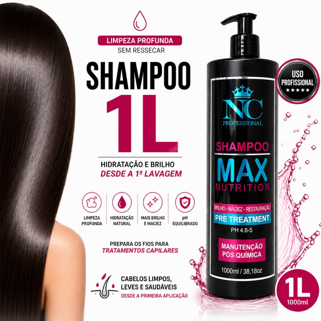 Shampoo 1L Uso  diário e Pós Química Hidratação Brilho Maciez Limpeza Suave Max Nutrition