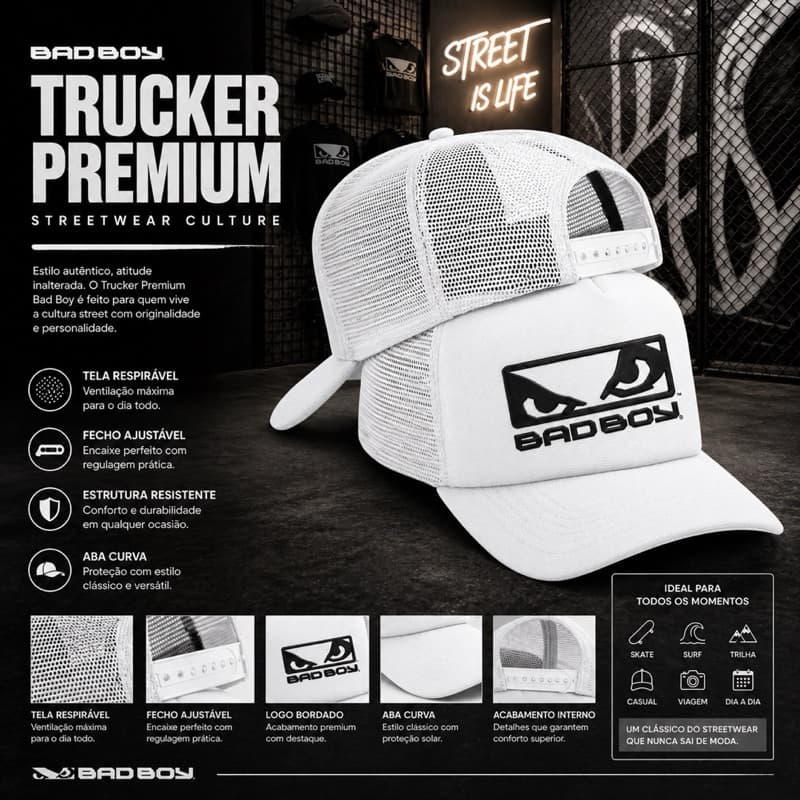 BONÉ TRUCKER MASCULINO BAD BOY ESTILOSO TELINHA RESPIRÁVEL ABA CURVADA CAIMENTO PERFEITO ENVIO RÁPIDO