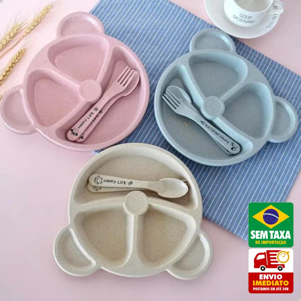 Kit Refeição Bebê 3 Peças Prato Ursinho Divisórias Garfo Colher BPA Free Infantil