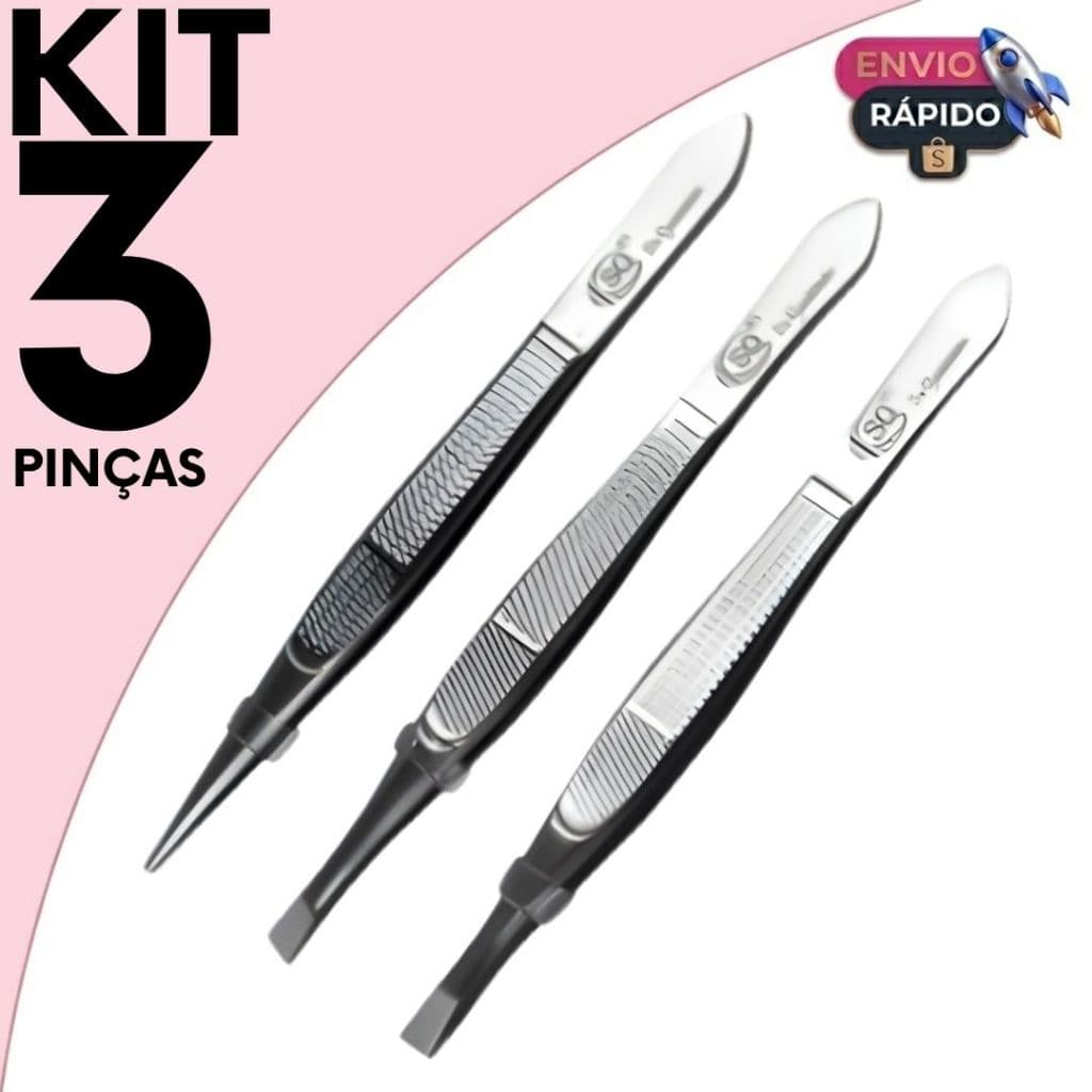 Kit Pinças Sobrancelha Profissional 3 Peças Aço Inox Reta Inclinada Fina Alta Precisão
