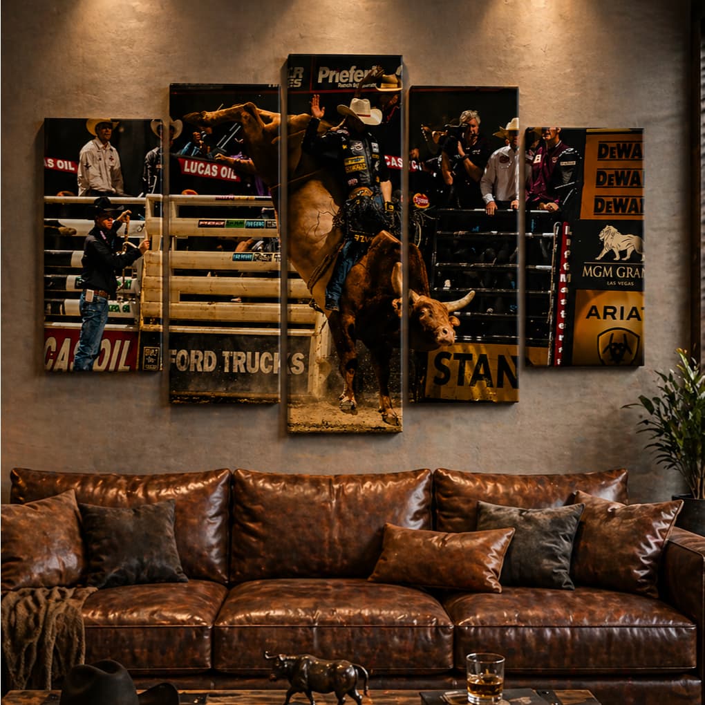 Quadro Mosaico 5 peças Peao Montando Rodeio Boi