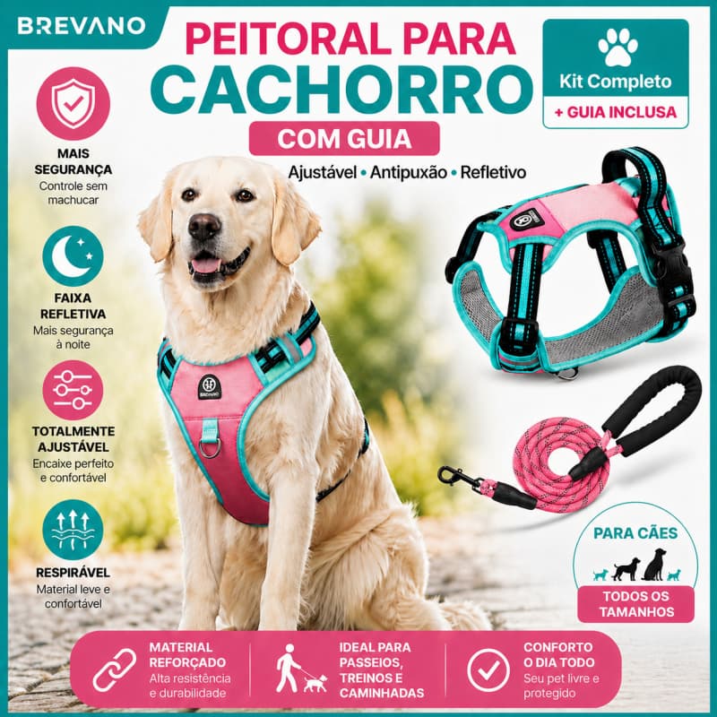 Peitoral para Cachorro Ajustável com Guia Refletivo Antipuxão Segurança Noturna Confortável Ideal para Passeio Caminhada
