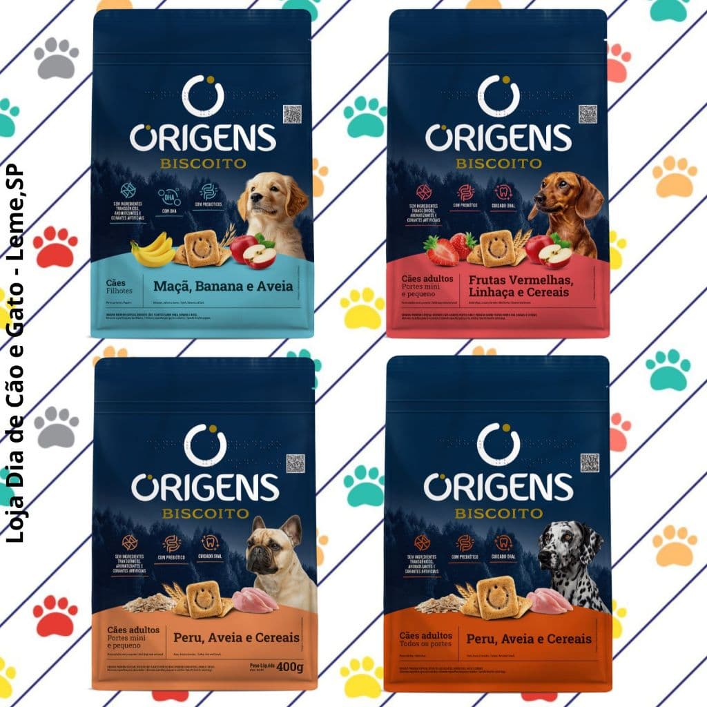 Biscoito Origens 400g para cães adultos e 300g para Filhotes. Petisco para cachorros