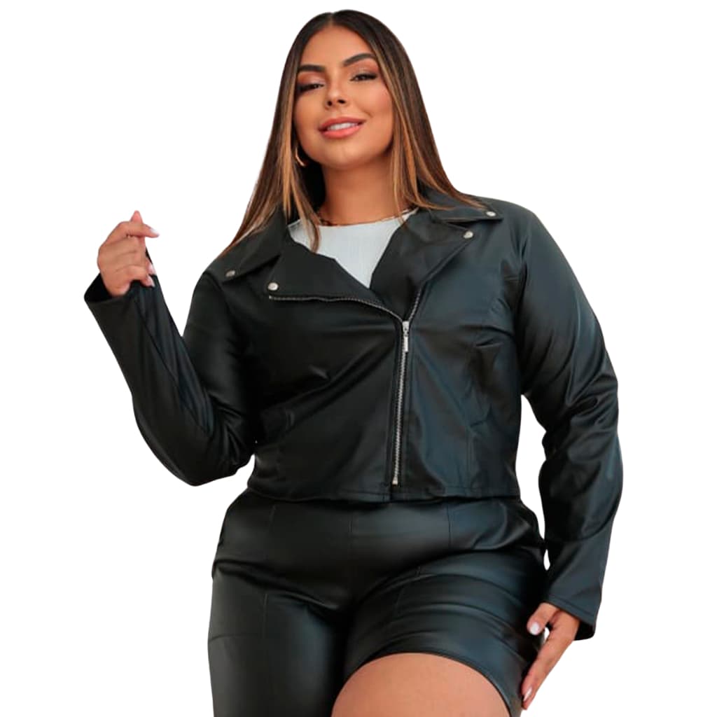 Jaqueta Cropped Courino Plus Size Preta Lapela Ziper Festa Balada Rodeio G1 ao G3