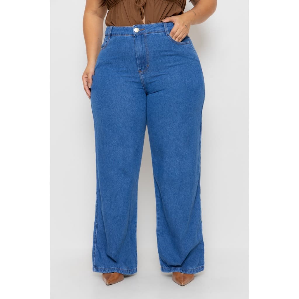 Calça Jeans Wide Leg Delaver Plus Size  Azul Tendência 2026