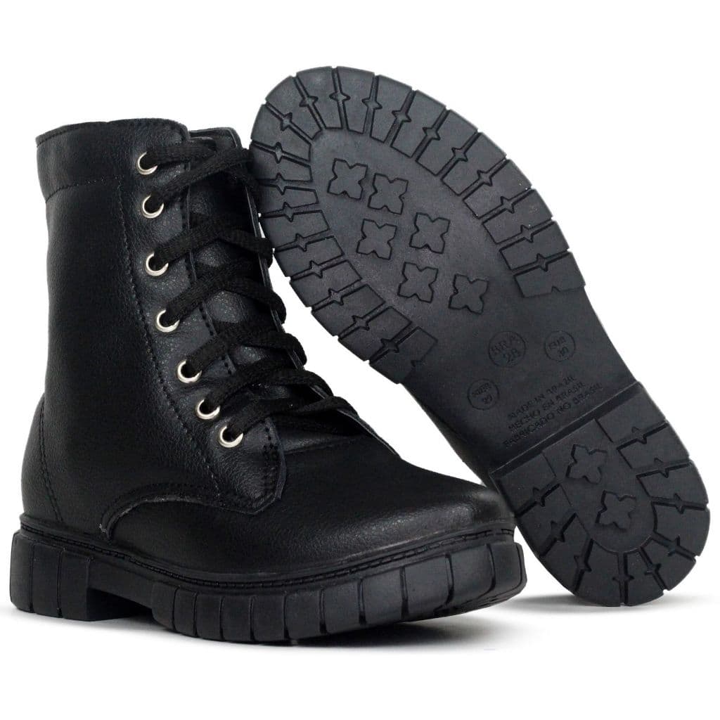 Bota Infantil Tratorada Feminina Coturno Menina Cano Curto Botinha Casual Confortável Antiderrapante Preta