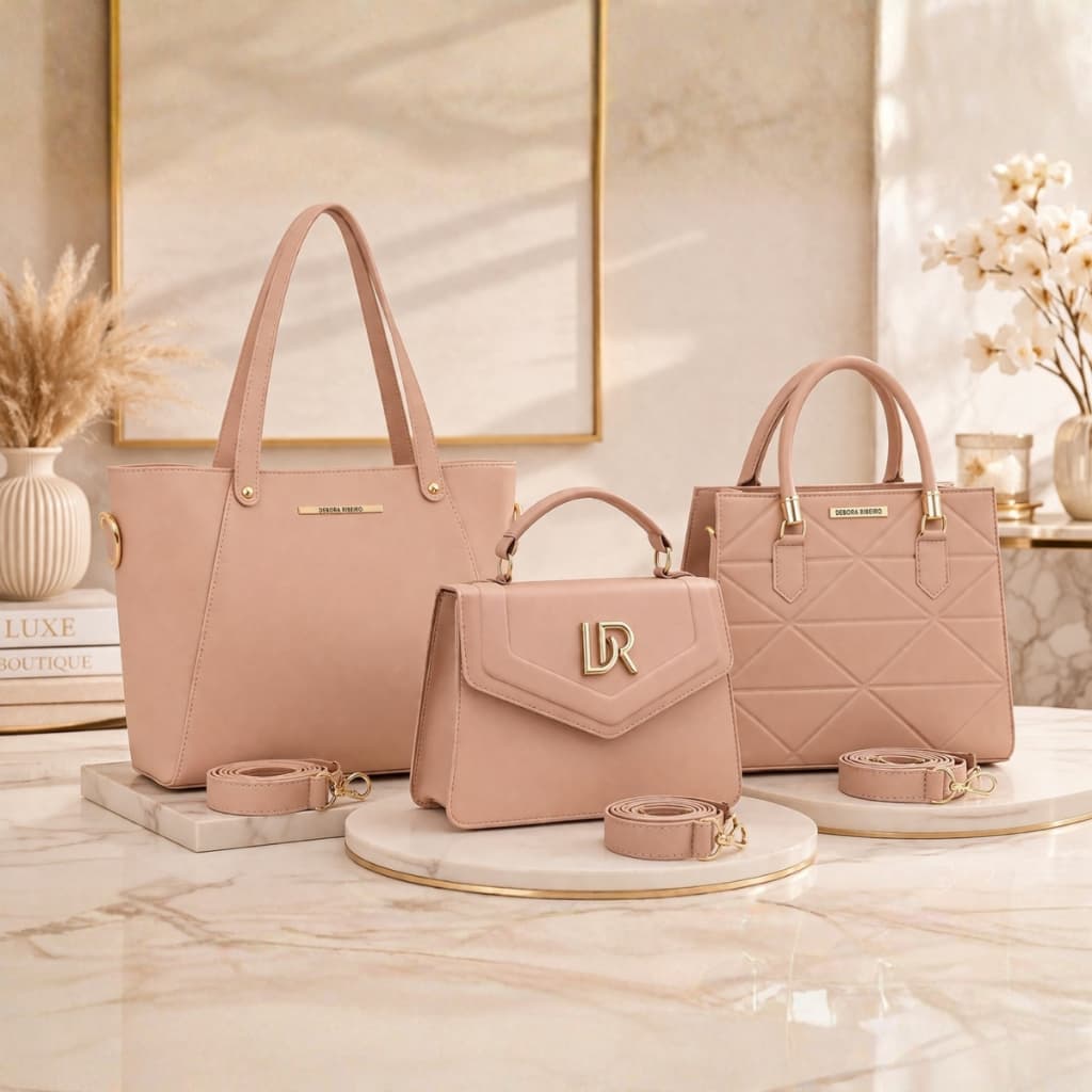 Kit 3 Peças Bolsa Grande Sacola + Média e Pequena Alça de Mão Tiracolo Estilosa Tendência Blogueira