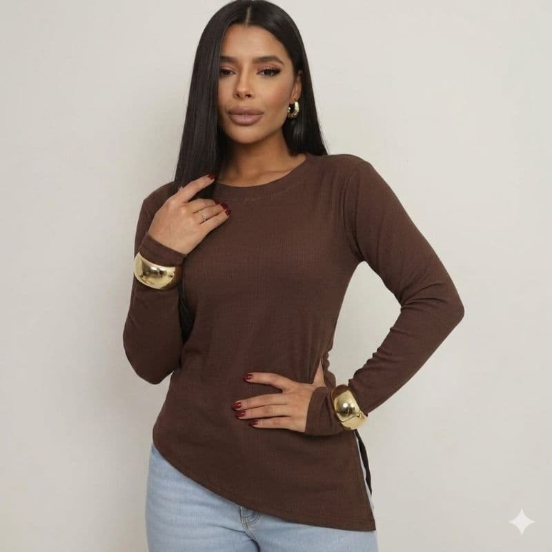 Blusa Feminina Manga Longa Assimétrica Malha Ribana Estilosa Outono Inverno