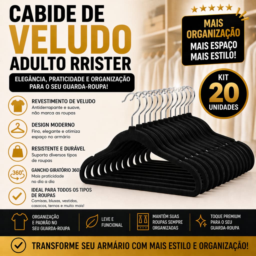 Kit 20 Cabides Veludo RRister Adulto Slim Antideslizante Premium Ultra Fino Economiza Espaço