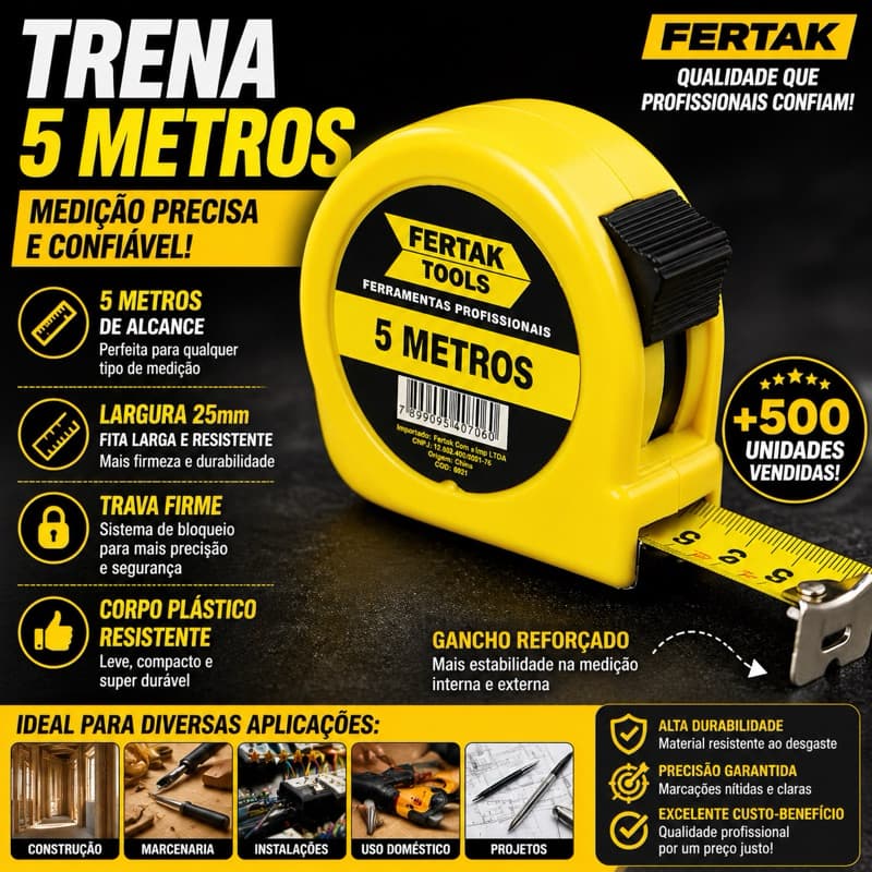 Trena 5 Metros Fertak Hobby Fita 25mm Corpo Plástico Amarelo Medição Precisa