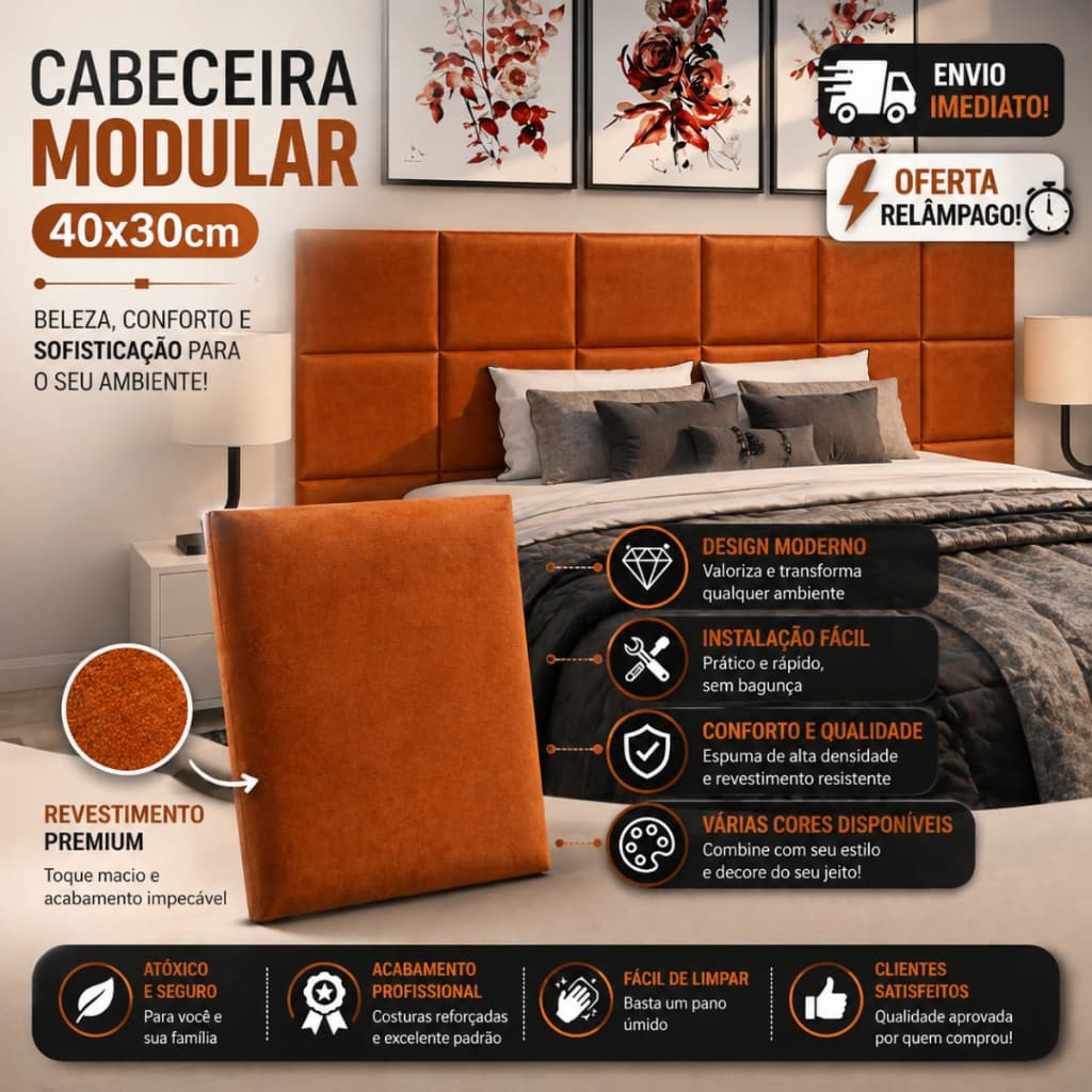 Kit Cabeceira Estofada Modular 40x30 Autocolante | Cama Box Solteiro Casal Queen King