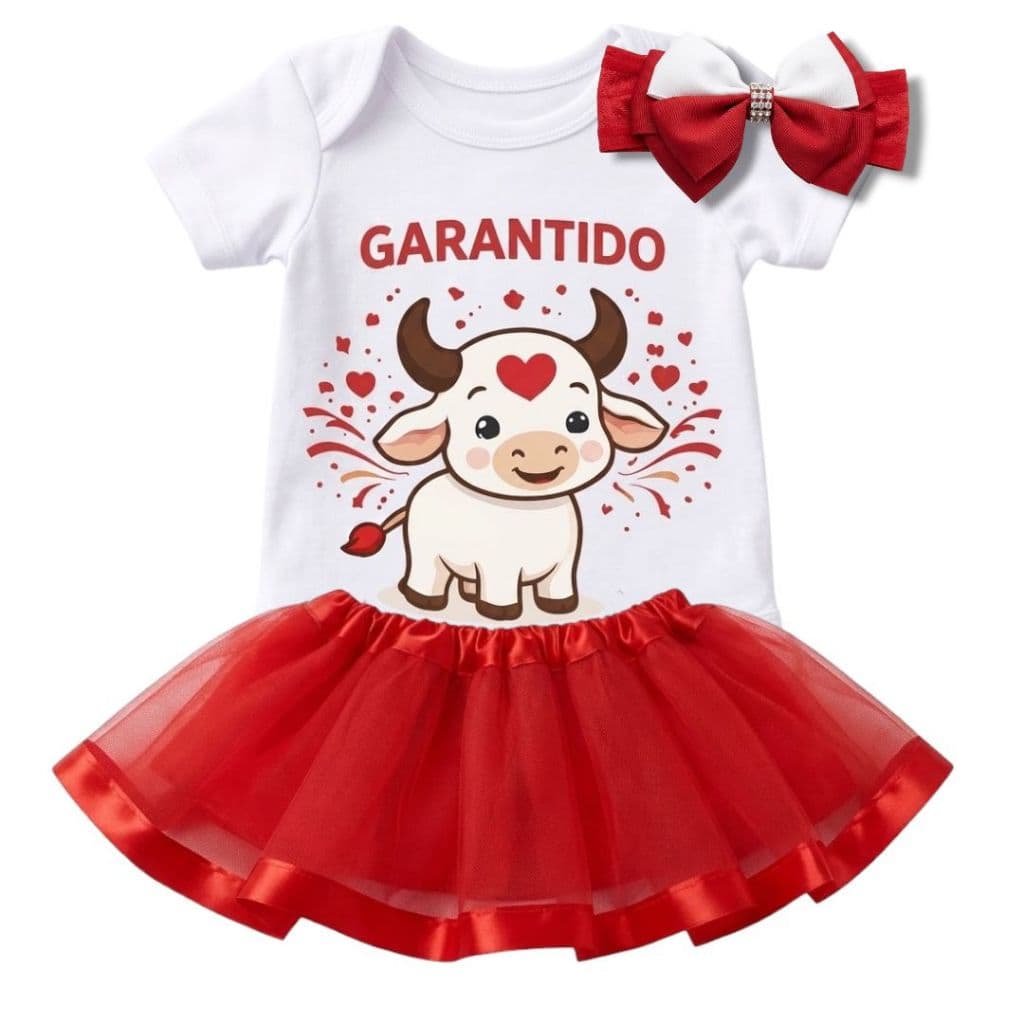 Kit Body Bebê Boi Garantido + Faixa Laço e Saia Tule Festival de Parintins Menina Mesversário