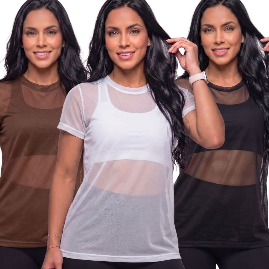 Blusa Tule Feminina Moda Fitness Transparente Tule Arrastão Academia Treino Camisão