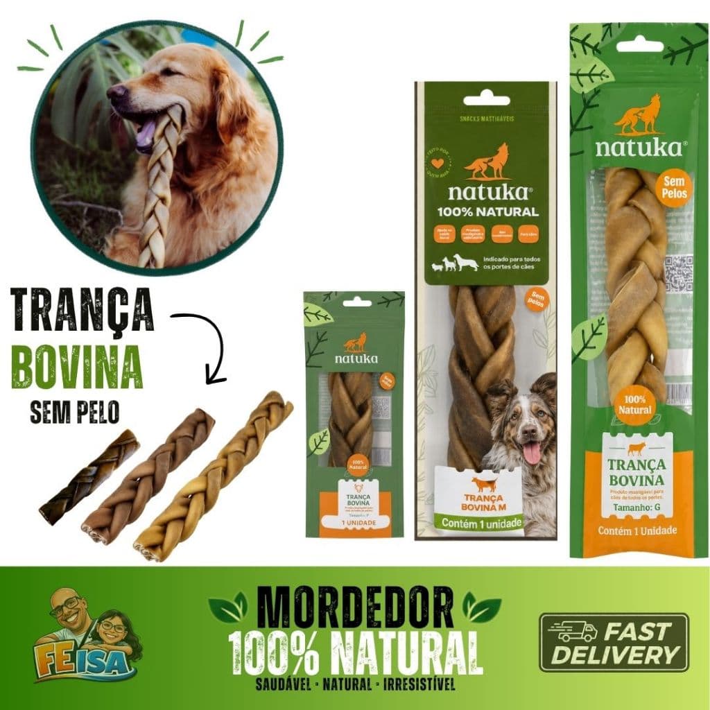 Trança de Couro Pele Bovina Sem Pelos para Cachorro Cães Natuka Mordedor Natural P M G Natuka
