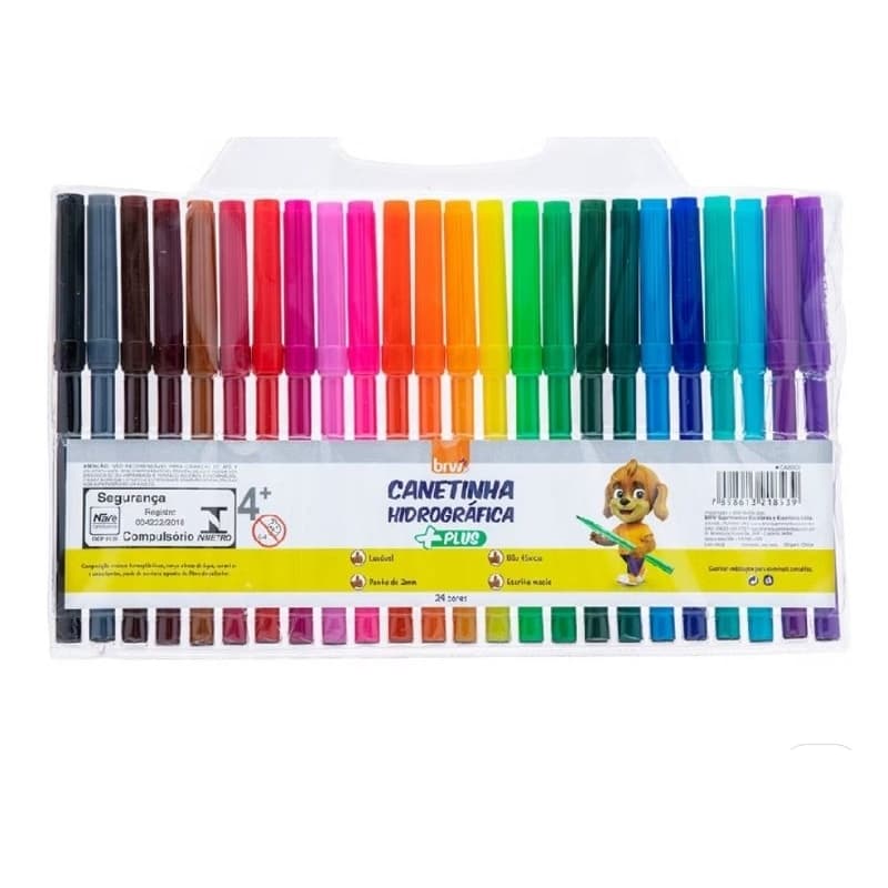 Kit com 24 Canetinhas Hidrográficas Plus da marca BRW. Quantidade e Cores: O kit contém 24 cores