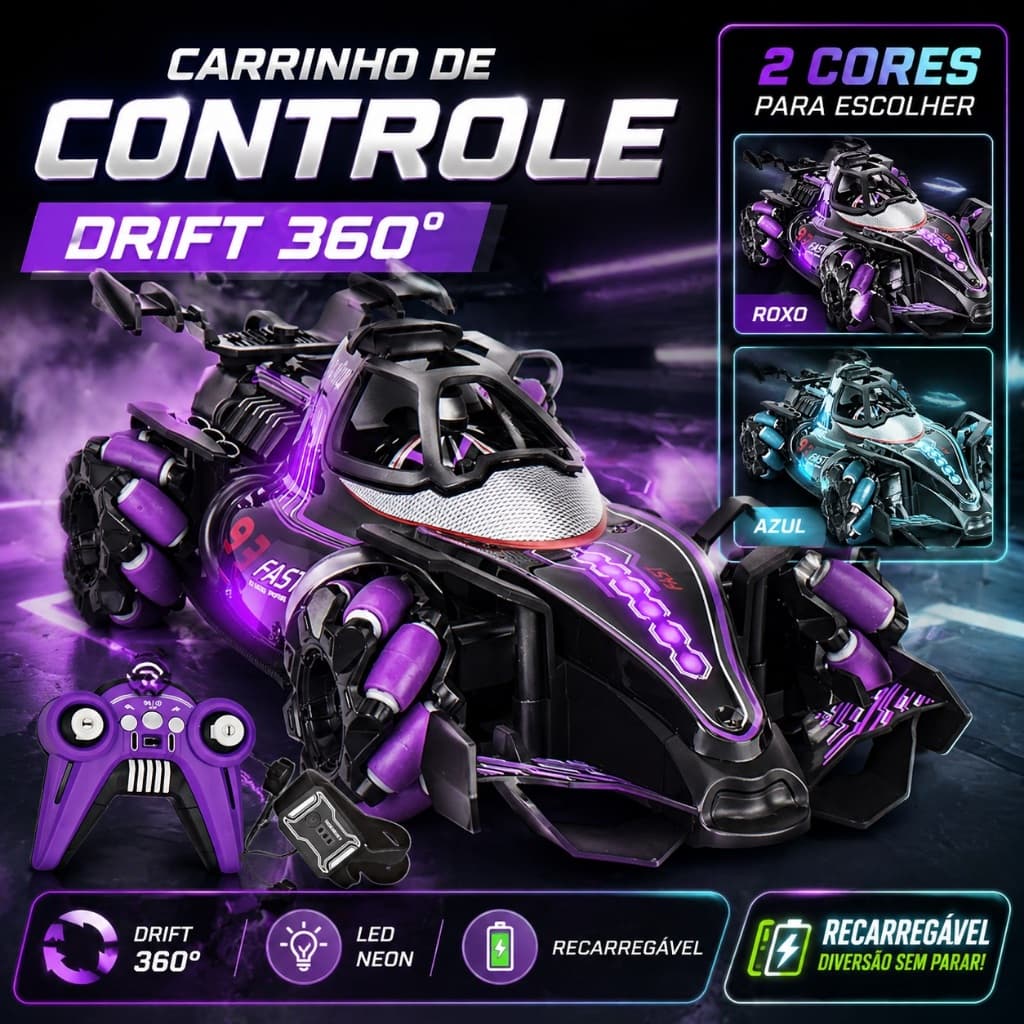 Carro F1 de Controle Remoto e Gestos com Spray, Luz LED e Drift - Brinquedo Infantil Recarregável