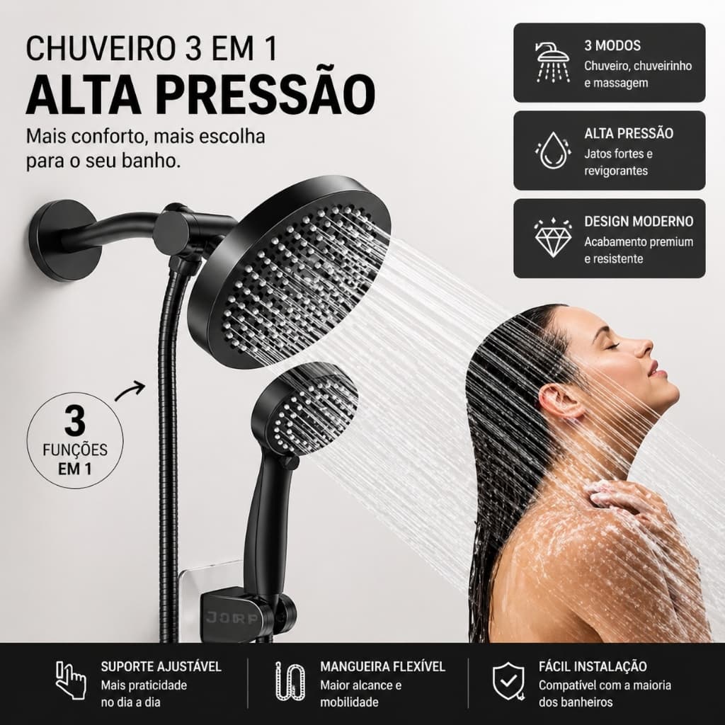 Kit Chuveiro Inox 15cm Ducha Manual Desviador Cromado Sem Eletricidade Parede Banheiro Essenza