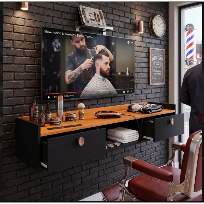 BANCADA BARBEARIA COM GAVETAS PORTAS BARBER POLE SUSPENSA PARA CORTE DE CABELO 7BARBA BOZZANO LIFE