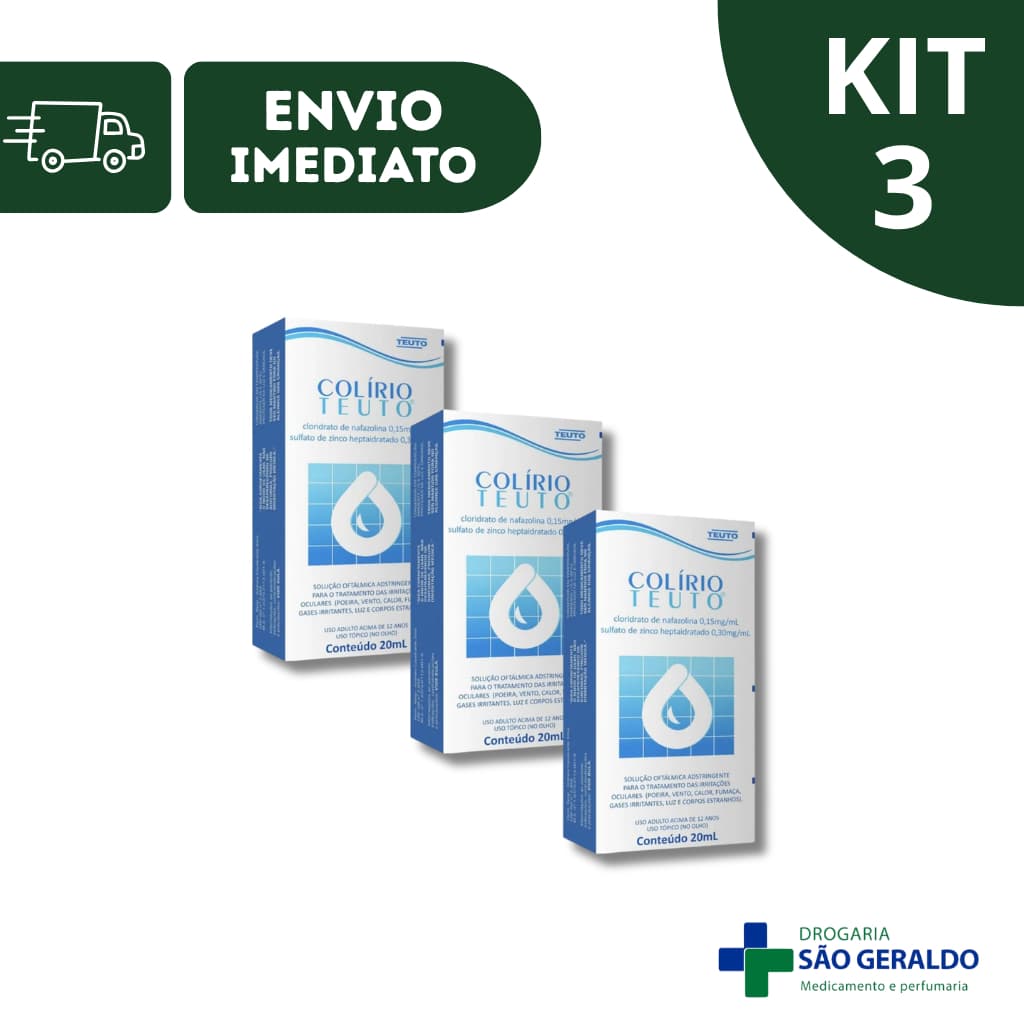 Kit com 3 Colírios Teuto Lubrificante Ocular Hidratação Olhos Secos Ardência Vermelhidão Alívio Rápido