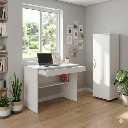 Kit Escritório Compacto: Escrivaninha com Gaveta +Armário Multiuso 4 Nichos