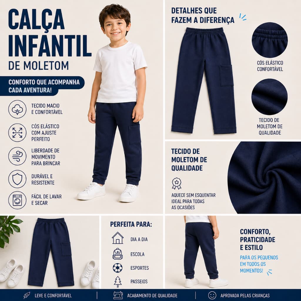 Calça Moletom Infantil Unissex Com Bolso Lateral Confortável Casual Escolar Premium