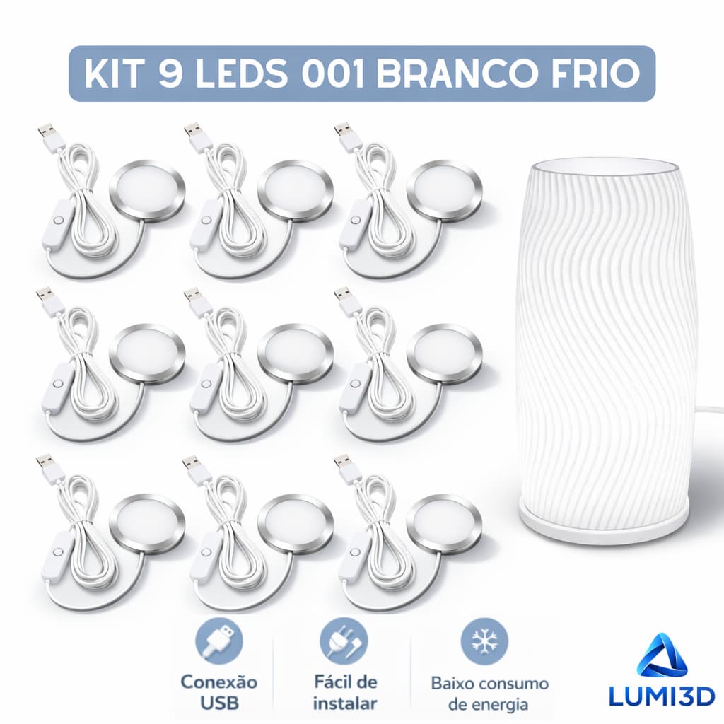 Kit 9x LED 001 Branco Frio USB 5V para Impressora 3D Bambu Lab Projeto DIY