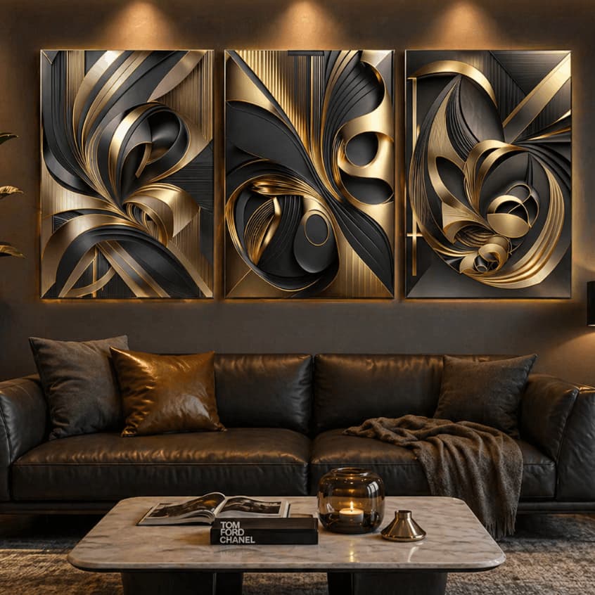 Kit 3 Quadros Decorativos Abstrato Dourado Preto Luxo 3D Sala Moderna Premium