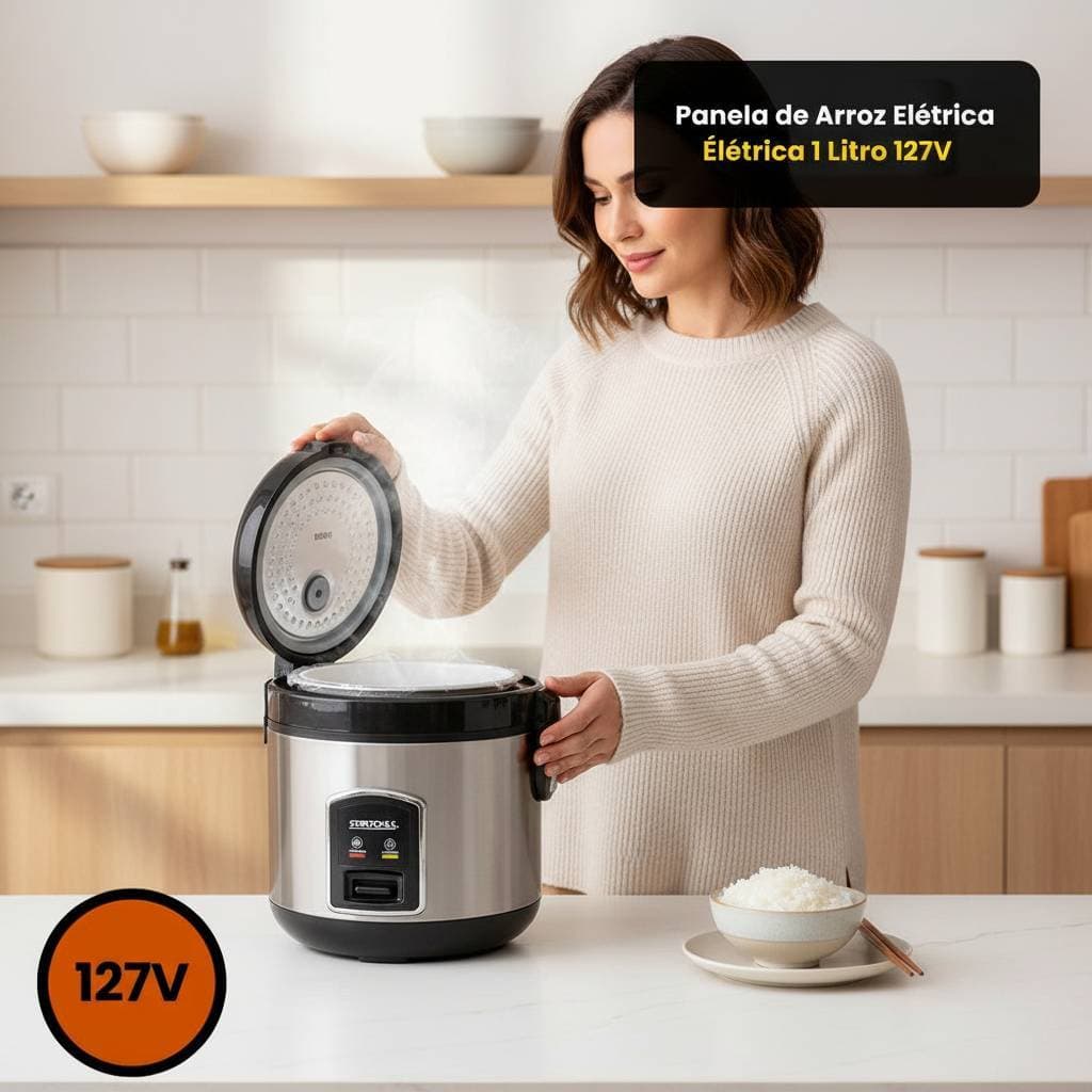 Panela de Arroz Elétrica 1L 127V 400W Antiaderente Compacta Cozinha Vapor Preta Automática