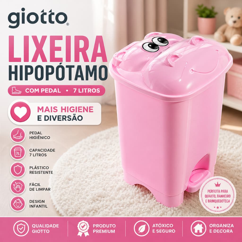 Lixeira Hipopotamo Com Pedal Infantil 7 Litros Rosa Feminino Meninas Fofinho Quarto Organização